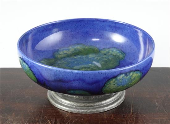 A Moorcroft Moonlit Blue pattern Tudric pewter footed bowl, c.1920, diameter 19.5cm, restorations